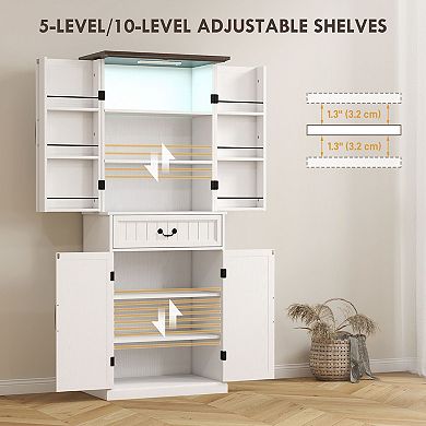 Farmhouse Kitchen Pantry Cabinet with Motion Sensor Light, Drawer and Shelves