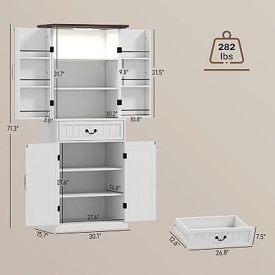 Farmhouse Kitchen Pantry Cabinet with Motion Sensor Light, Drawer and Shelves