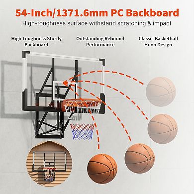 54" Wall Mounted Basketball Hoop, 8-10 ft Adjustable Basketball Goal with Shatterproof PC Backboard