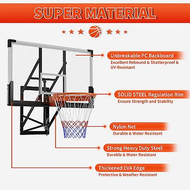 54" Wall Mounted Basketball Hoop, 8-10 ft Adjustable Basketball Goal with Shatterproof PC Backboard