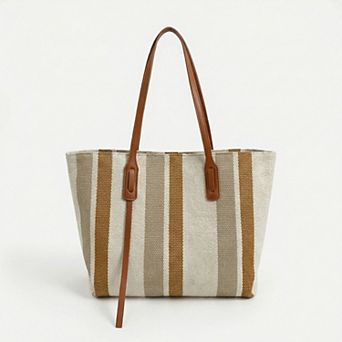 Women's Striped Canvas Tote Bag Dual Shoulder Straps Structured Open Top Design