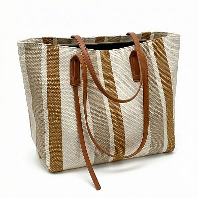 Women's Striped Canvas Tote Bag Dual Shoulder Straps Structured Open Top Design