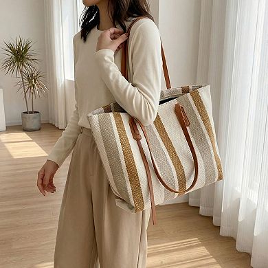 Women's Striped Canvas Tote Bag Dual Shoulder Straps Structured Open Top Design
