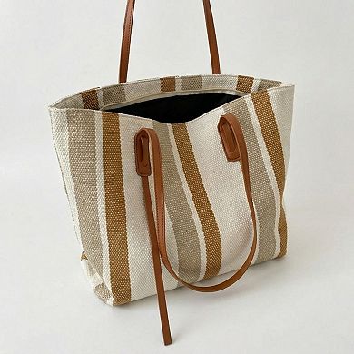 Women's Striped Canvas Tote Bag Dual Shoulder Straps Structured Open Top Design