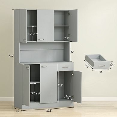 Freestanding Kitchen Pantry Cabinet with Microwave Shelf, Drawer and Shelves