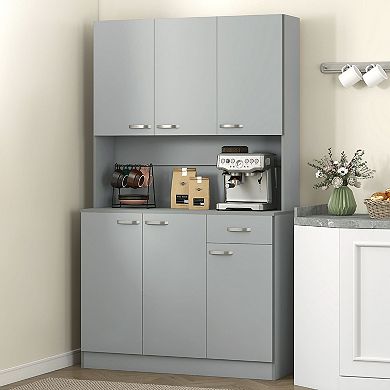 Freestanding Kitchen Pantry Cabinet with Microwave Shelf, Drawer and Shelves