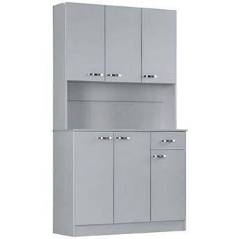 Freestanding Kitchen Pantry Cabinet with Microwave Shelf, Drawer and Shelves