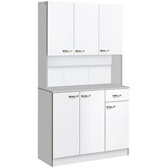 Freestanding Kitchen Pantry Cabinet with Microwave Shelf, Drawer and Shelves