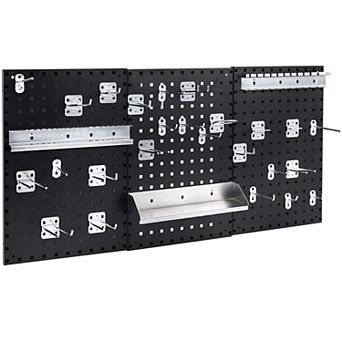 3 Panel Metal Pegboard Tool Organizer with Hooks and Storage Shelf for Garage