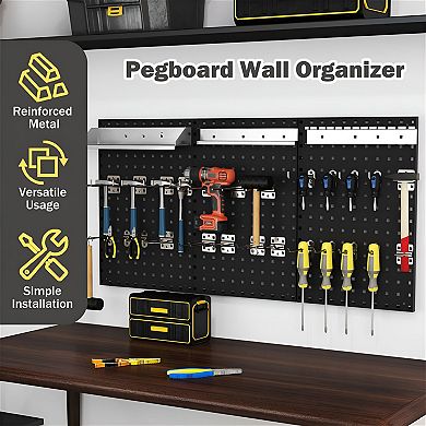 3 Panel Metal Pegboard Tool Organizer with Hooks and Storage Shelf for Garage