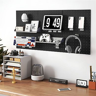 3 Panel Metal Pegboard Tool Organizer with Hooks and Storage Shelf for Garage