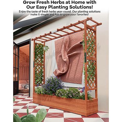 Single Layer Wooden Planter with 4 Compartments for Vegetables & Herbs, Balcony Planting Bed, Brown