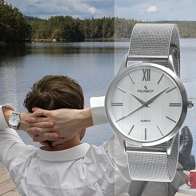 Peugeot Mens 40mm Slim Case Stainless Steel Mesh Watch