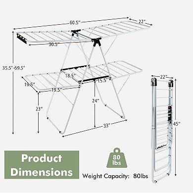 2-Tier Foldable Clothes Drying Rack with Adjustable Gullwing Design