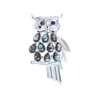 Silvery Tone Abalone Shell Feather Wings Owl Black Rhinestone Pin Brooch