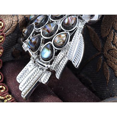 Silvery Tone Abalone Shell Feather Wings Owl Black Rhinestone Pin Brooch