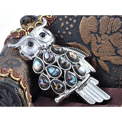 Silvery Tone Abalone Shell Feather Wings Owl Black Rhinestone Pin Brooch