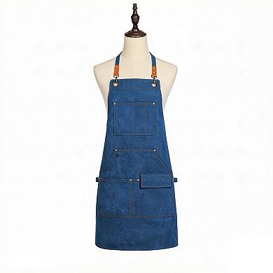 Cotton Kitchen Apron with Cross Back Straps Multi Pocket Utility Apron for Cooking Baking Craft