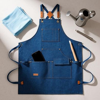 Cotton Kitchen Apron with Cross Back Straps Multi Pocket Utility Apron for Cooking Baking Craft