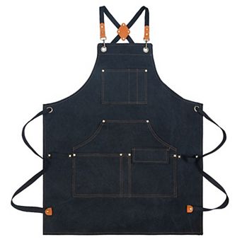 Cotton Kitchen Apron with Cross Back Straps Multi Pocket Utility Apron for Cooking Baking Craft