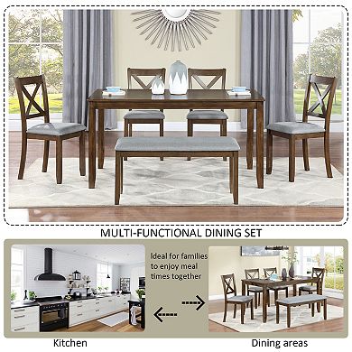 Pnronnc 6-Piece Dining Set Wood Kitchen Table Set with Rectangular Table, 4 Chairs and Bench