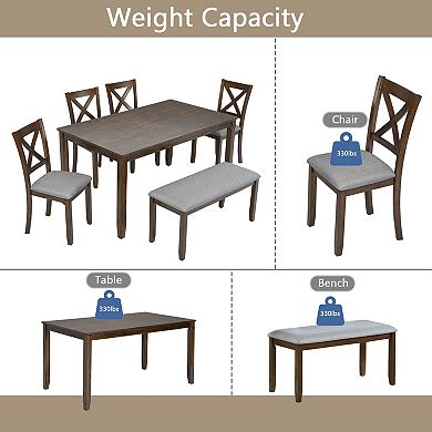 Pnronnc 6-Piece Dining Set Wood Kitchen Table Set with Rectangular Table, 4 Chairs and Bench