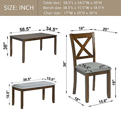 Pnronnc 6-Piece Dining Set Wood Kitchen Table Set with Rectangular Table, 4 Chairs and Bench