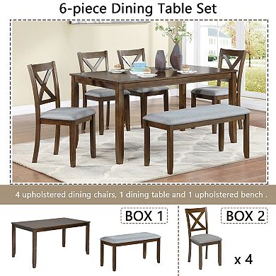 Pnronnc 6-Piece Dining Set Wood Kitchen Table Set with Rectangular Table, 4 Chairs and Bench