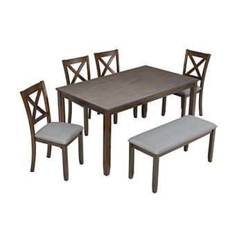 Pnronnc 6 pc Dining Set Wood Kitchen Table Set with Rectangular Table, 4 Chairs and Bench