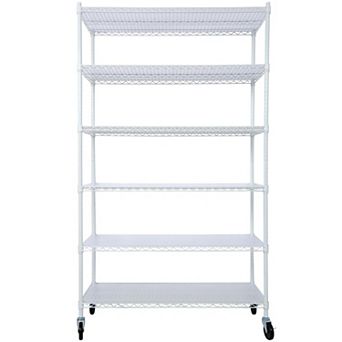 6 tier Metal White Shelf Wire Shelving Heavy Duty Adjustable Storage Rack, Wheels Shelf Liners