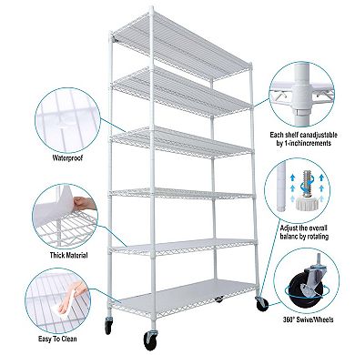 6 Tier Metal White Shelf Wire Shelving Heavy Duty Adjustable Storage Rack, Wheels Shelf Liners