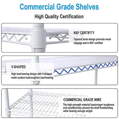 6 Tier Metal White Shelf Wire Shelving Heavy Duty Adjustable Storage Rack, Wheels Shelf Liners