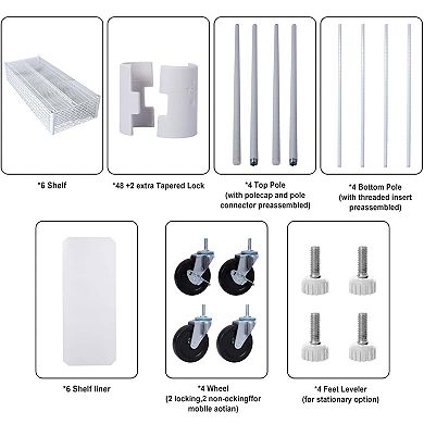 6 Tier Metal White Shelf Wire Shelving Heavy Duty Adjustable Storage Rack, Wheels Shelf Liners