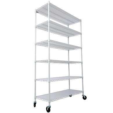 6 Tier Metal White Shelf Wire Shelving Heavy Duty Adjustable Storage Rack, Wheels Shelf Liners