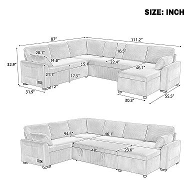 Pnronnc U-Shaped Sectional Sofa, Convertible Sleeper Sofa Bed with Reversible Chaise & USB