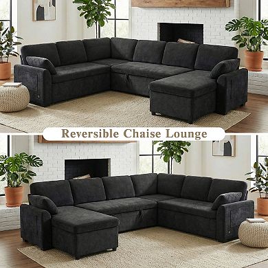 Pnronnc U-Shaped Sectional Sofa, Convertible Sleeper Sofa Bed with Reversible Chaise & USB