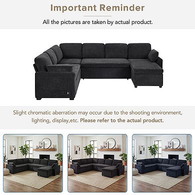 Pnronnc U-Shaped Sectional Sofa, Convertible Sleeper Sofa Bed with Reversible Chaise & USB