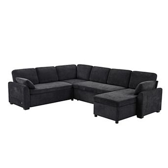 Pnronnc U-Shaped Sectional Sofa, Convertible Sleeper Sofa Bed with Reversible Chaise & USB