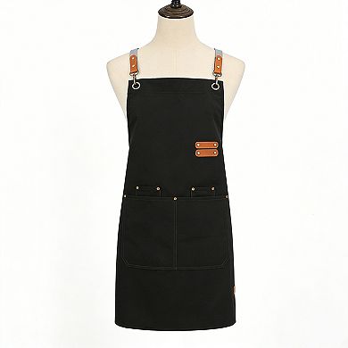 PU Leather Kitchen Apron with Adjustable Cross Back Straps Multi Pocket Work Apron for Cooking