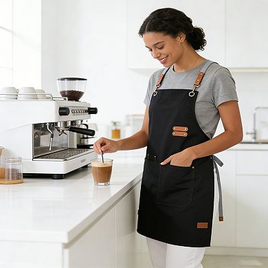 PU Leather Kitchen Apron with Adjustable Cross Back Straps Multi Pocket Work Apron for Cooking