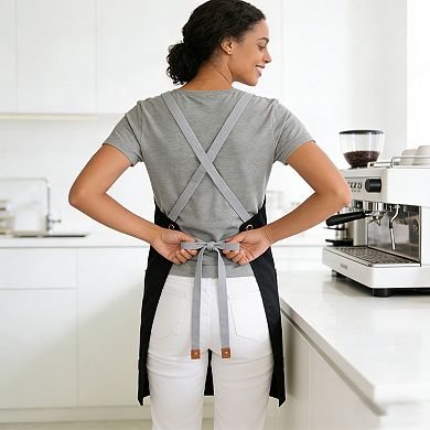 PU Leather Kitchen Apron with Adjustable Cross Back Straps Multi Pocket Work Apron for Cooking