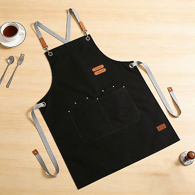 PU Leather Kitchen Apron with Adjustable Cross Back Straps Multi Pocket Work Apron for Cooking