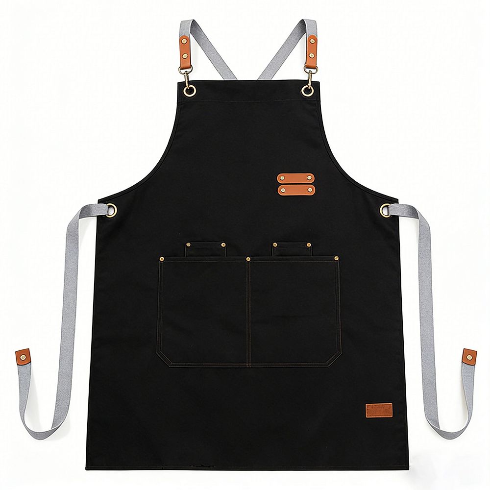 PU Leather Kitchen Apron with Adjustable Cross Back Straps Multi Pocket ...