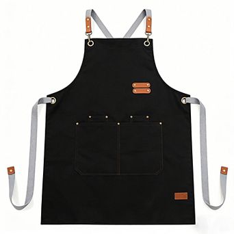 PU Leather Kitchen Apron with Adjustable Cross Back Straps Multi Pocket Work Apron for Cooking
