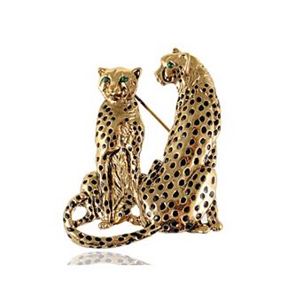 Golden Tone Tuquoise Blue Eyed Spotted Leopard Family Twin Lover Brooch Pin