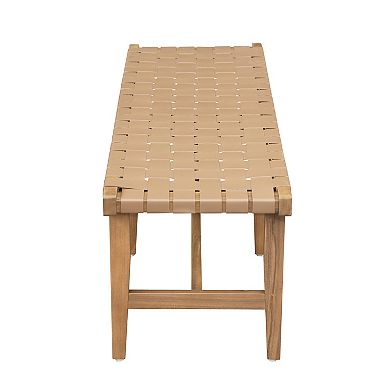 KWPZQEB Acacia Wood Bedroom Bench with Woven PU Leather Seat for Entryway, Natural