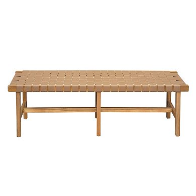 KWPZQEB Acacia Wood Bedroom Bench with Woven PU Leather Seat for Entryway, Natural