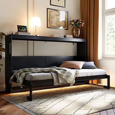 Loheer Twin Size Modern Side Folding Murphy Bed with Printed Pattern LED Lights and USB Port