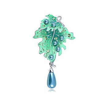 Silvery Tone Green Rhinestone Faux Pearl Drop Enamel Leaf Brooch Pin