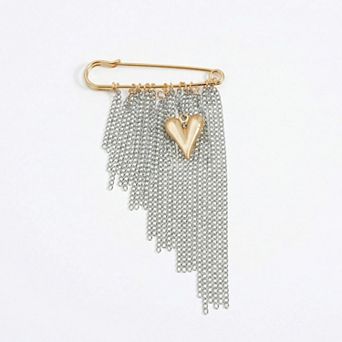 Women's Safety Pin Brooch Chain Fringe Tassel Detail Heart Pendant Statement Design